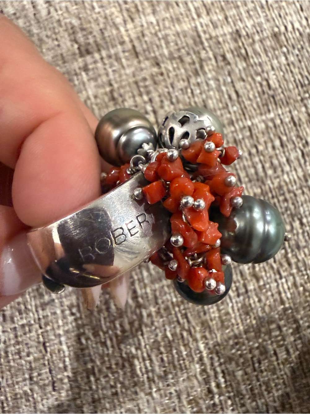 Robert Wan Tahitian pearls Ring with Coral Cluster and Dark Pearl Charms